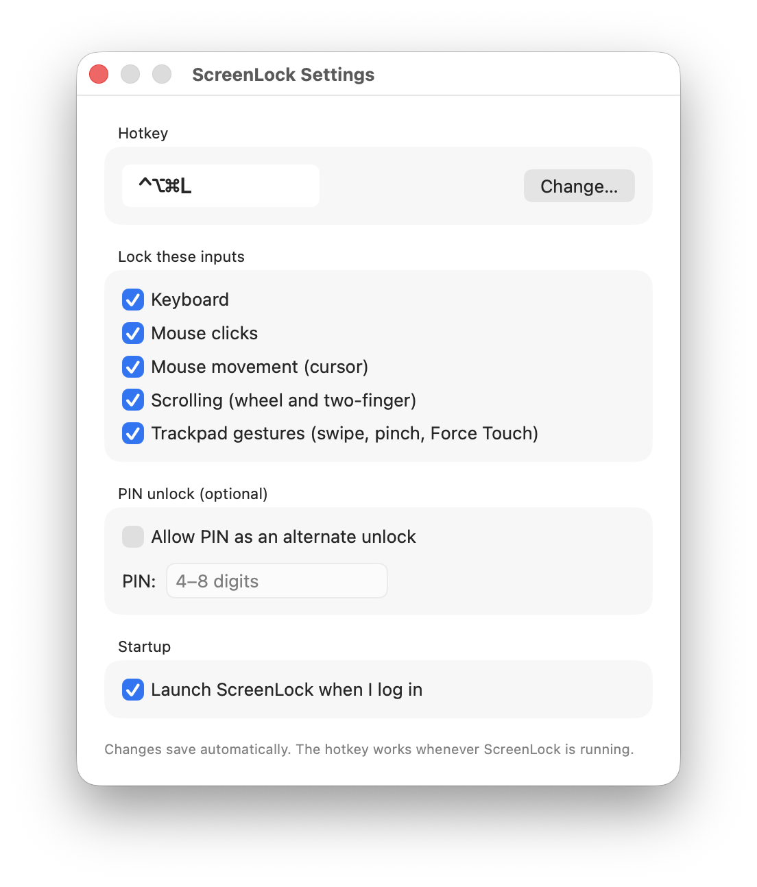 ScreenLock Settings window showing the hotkey, per-category lock toggles (keyboard, mouse clicks and movement, scrolling, trackpad gestures), PIN unlock, and Startup section with Launch at Login